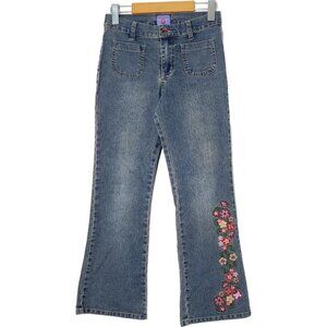 Friends II Girls Coquette Blue Floral Embroidered Cotton-Blend Flare Leg Jean 12